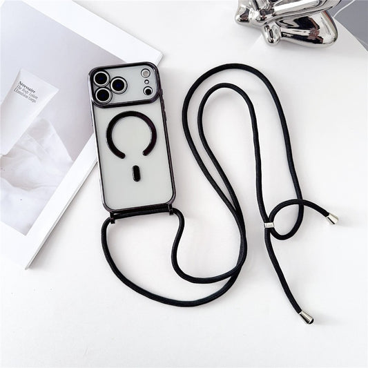 For iPhone 17 Pro Max Case Compatible with MagSafe Electroplating TPU Phone Cover with Long Lanyard - Black