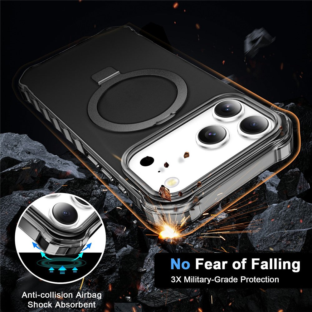 For iPhone 17 Pro Max Case Compatible with MagSafe Matte Kickstand Hybrid Phone Cover Small Wavy Edge - Black