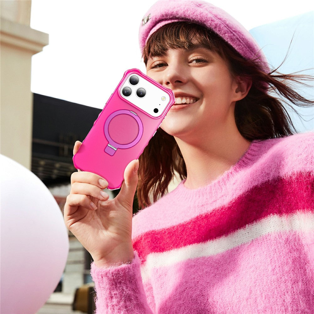 For iPhone 17 Pro Max Case Compatible with MagSafe Matte Kickstand Hybrid Phone Cover Small Wavy Edge - Rose