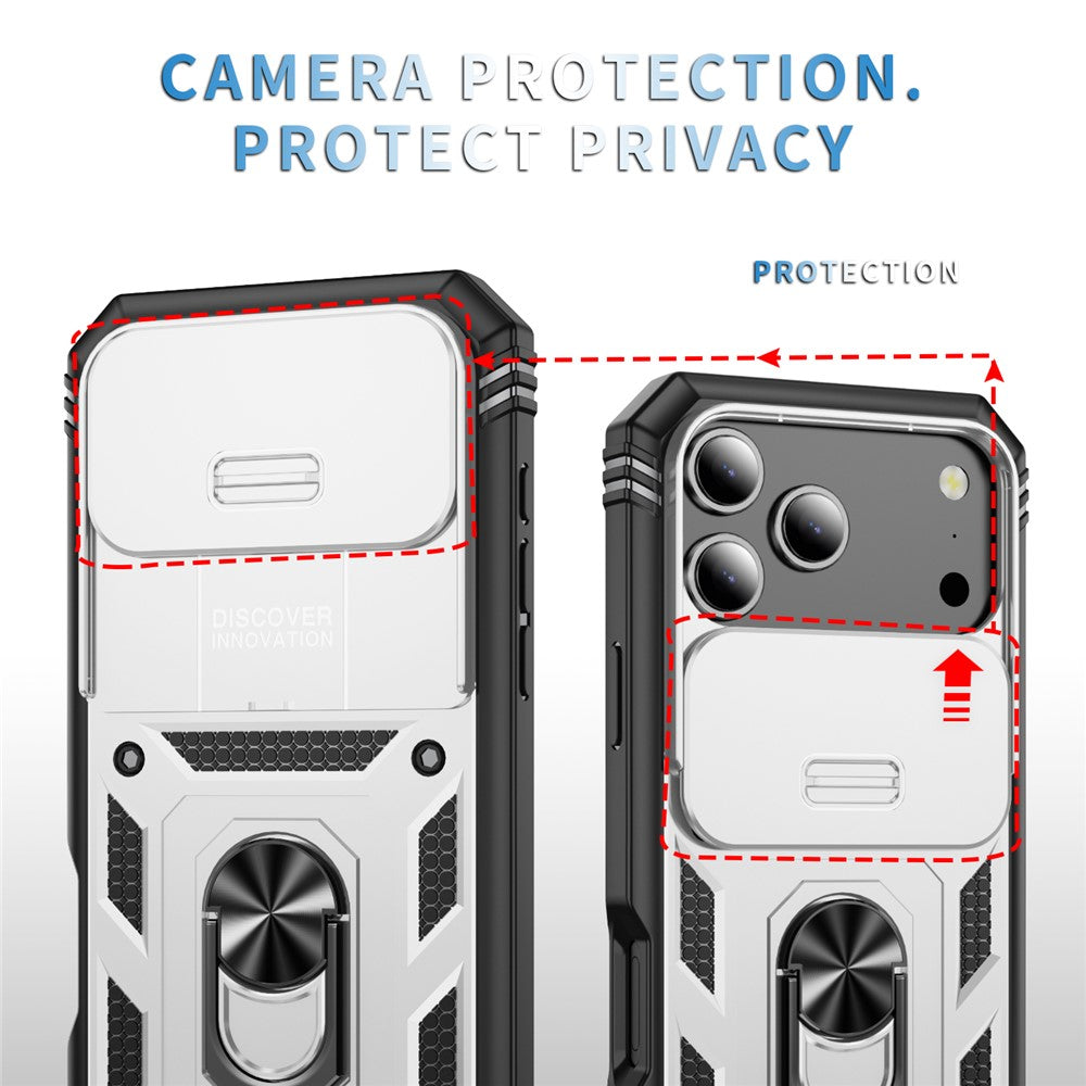 For iPhone 17 Pro Max Case TPU + PC Slide Camshield Kickstand Phone Cover - White