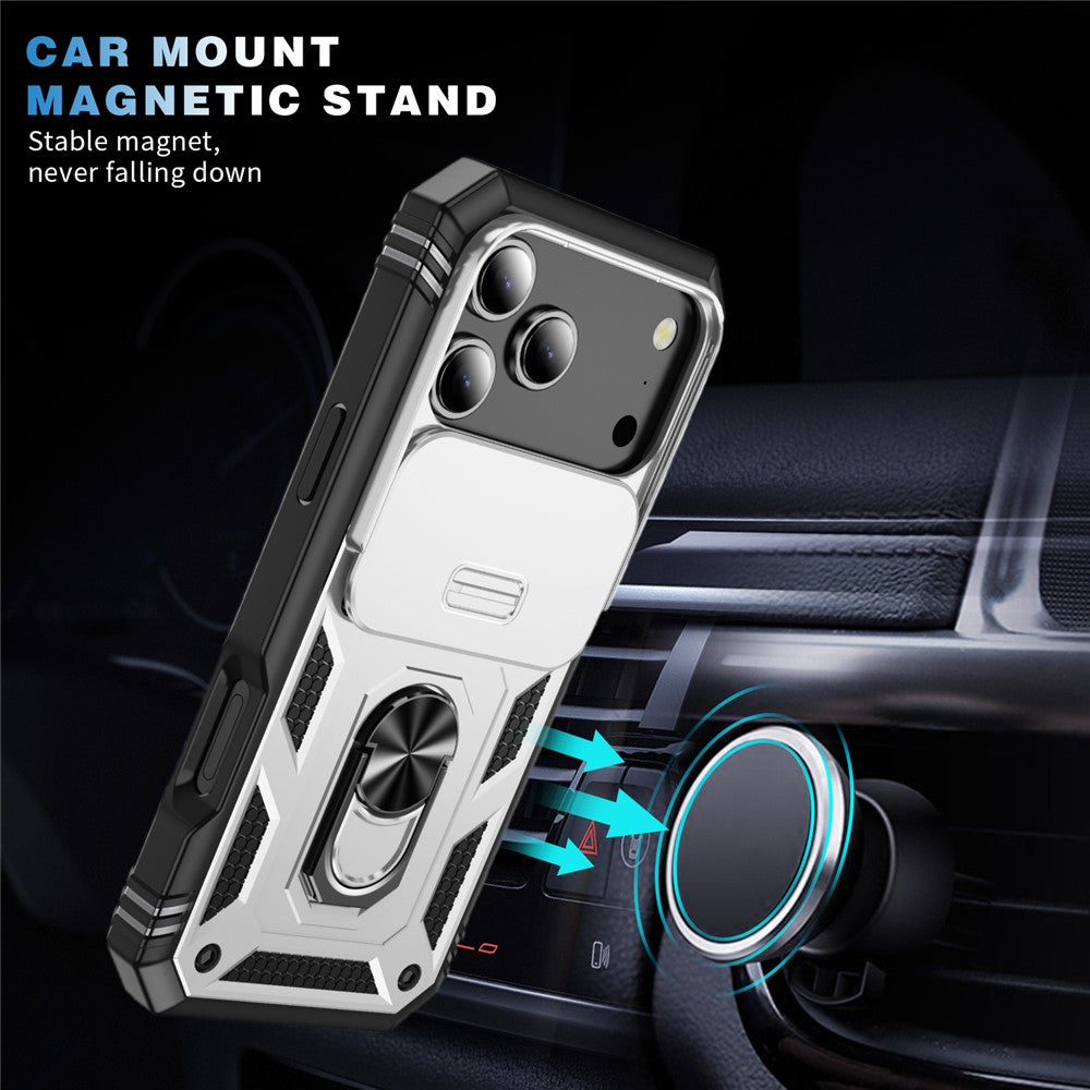 For iPhone 17 Pro Max Case TPU + PC Slide Camshield Kickstand Phone Cover - White