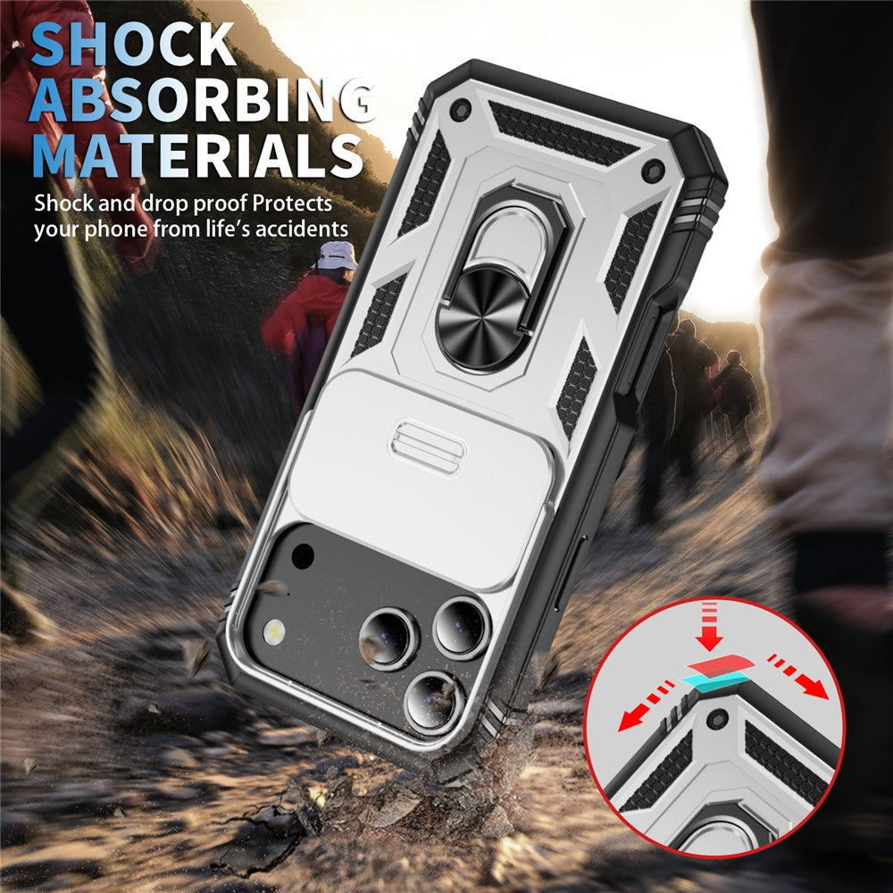 For iPhone 17 Pro Max Case TPU + PC Slide Camshield Kickstand Phone Cover - White