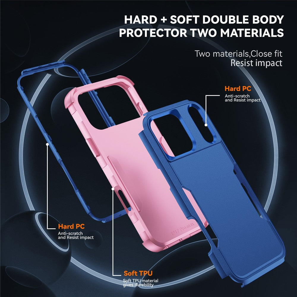 For iPhone 17 Pro Max Case 3 in 1 Shockproof TPU PC Phone Cover - Sapphire+Pink