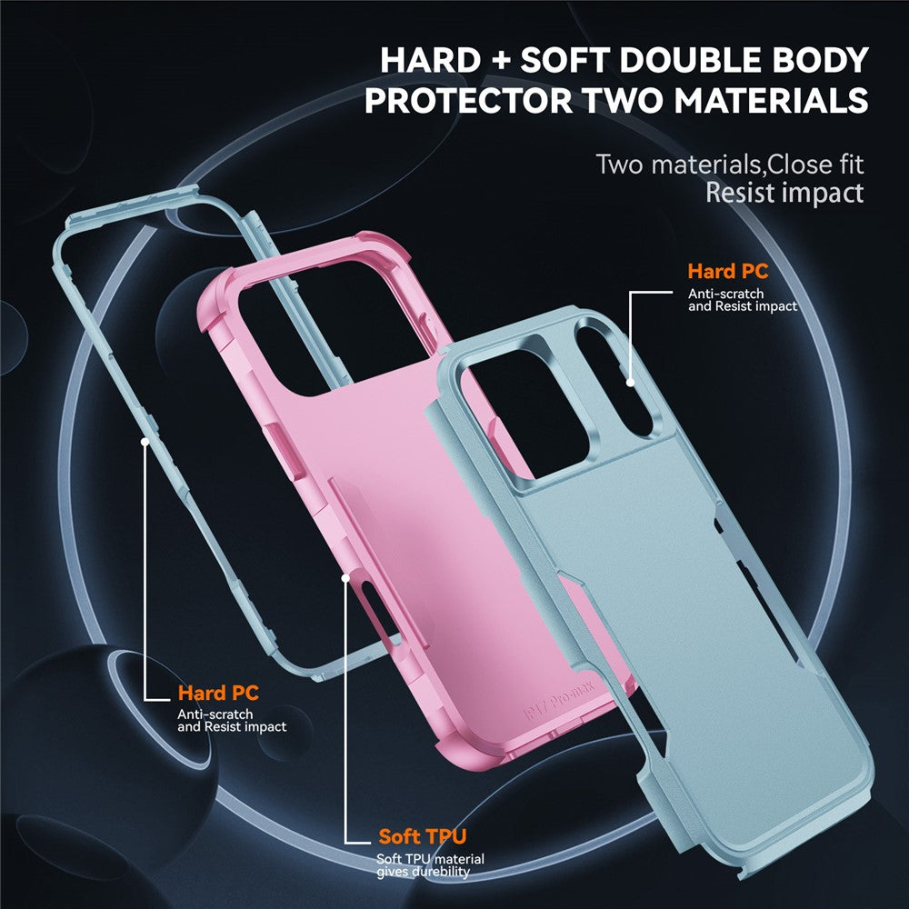 For iPhone 17 Pro Max Case 3 in 1 Shockproof TPU PC Phone Cover - Grey Green+Pink