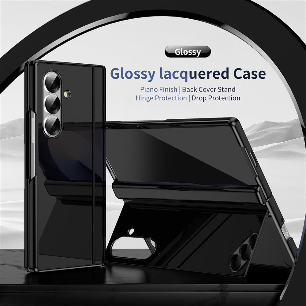 For Samsung Galaxy Z Fold7 5G PC Phone Case with Back Cover Kickstand and Tempered Glass Film - Black