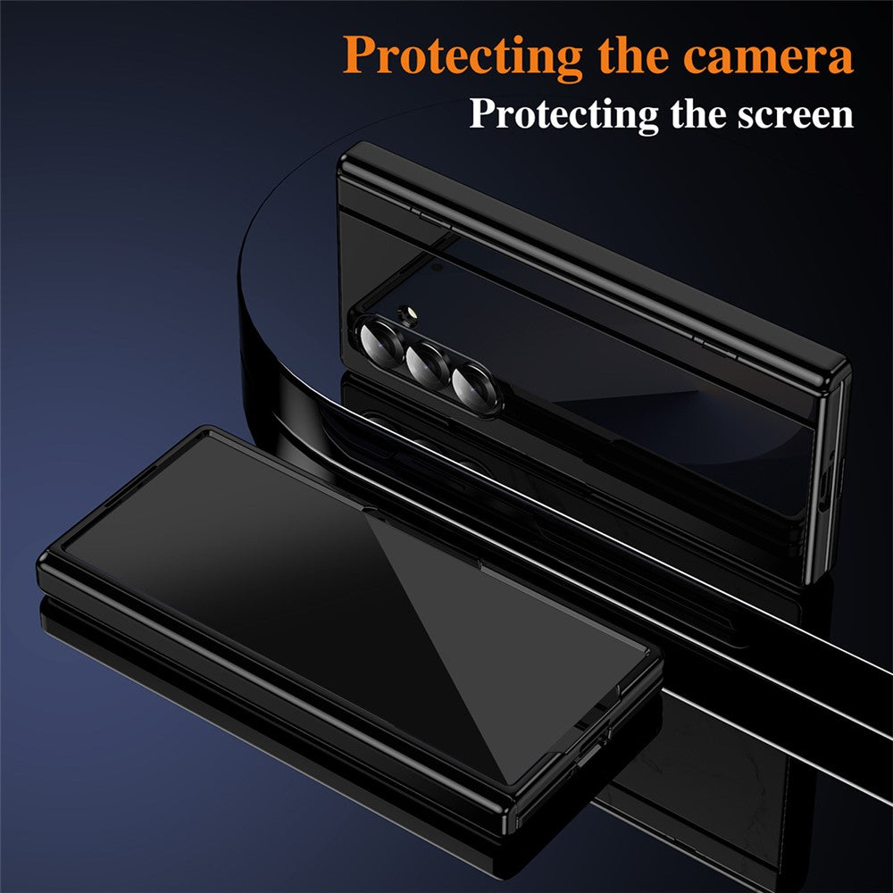 For Samsung Galaxy Z Fold7 5G PC Phone Case with Back Cover Kickstand and Tempered Glass Film - Black