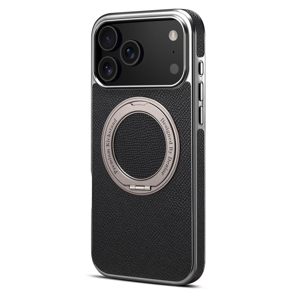 For iPhone 17 Pro Max Kickstand Case Genuine Cow Leather Back Cover Compatible with MagSafe - Black