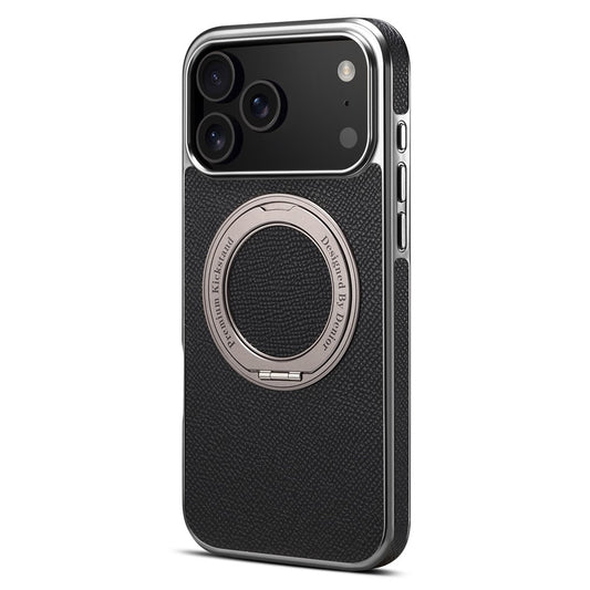 For iPhone 17 Pro Max Kickstand Case Genuine Cow Leather Back Cover Compatible with MagSafe - Black