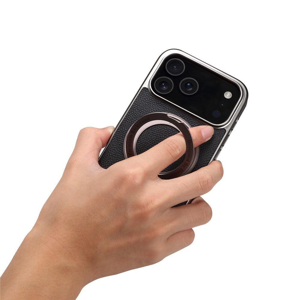 For iPhone 17 Pro Max Kickstand Case Genuine Cow Leather Back Cover Compatible with MagSafe - Black