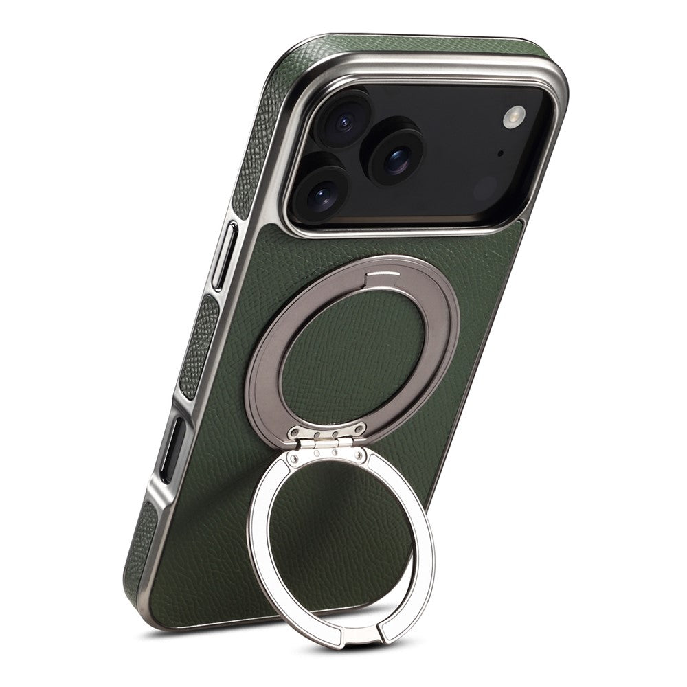 For iPhone 17 Pro Max Kickstand Case Genuine Cow Leather Back Cover Compatible with MagSafe - Green