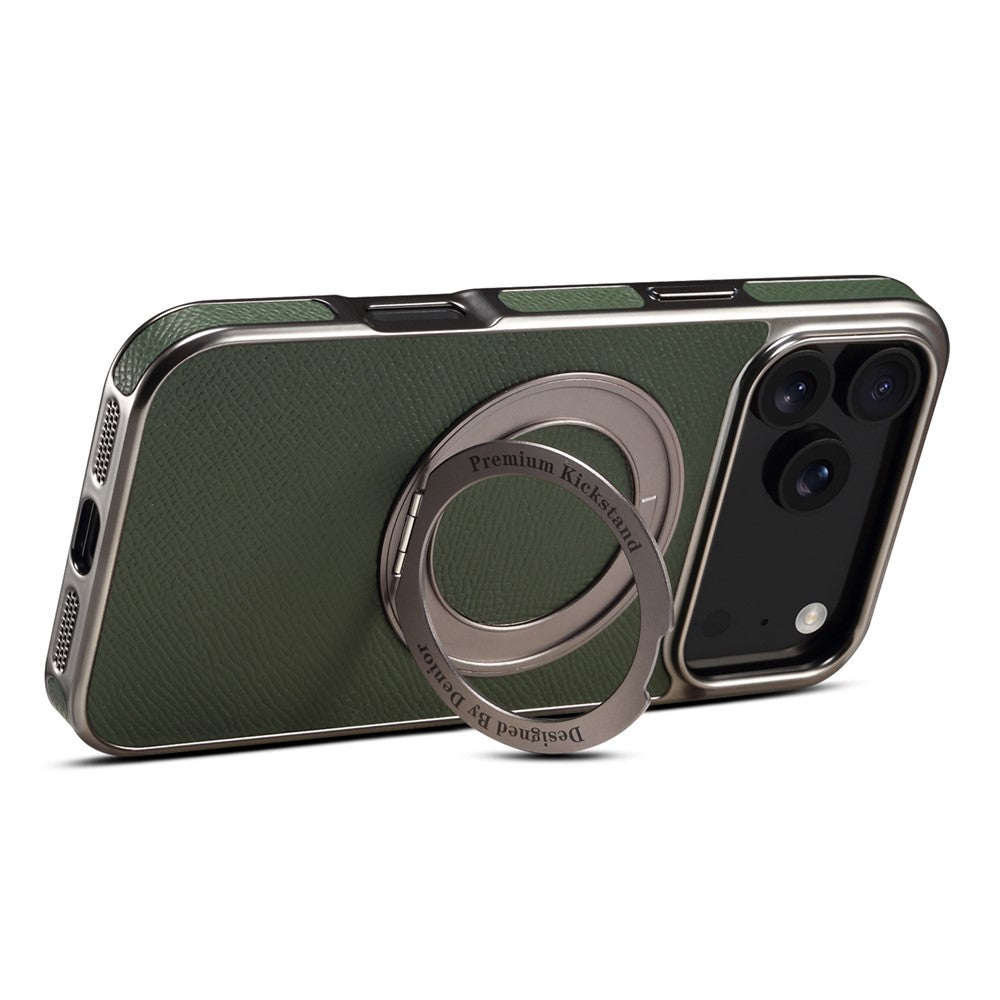 For iPhone 17 Pro Max Kickstand Case Genuine Cow Leather Back Cover Compatible with MagSafe - Green