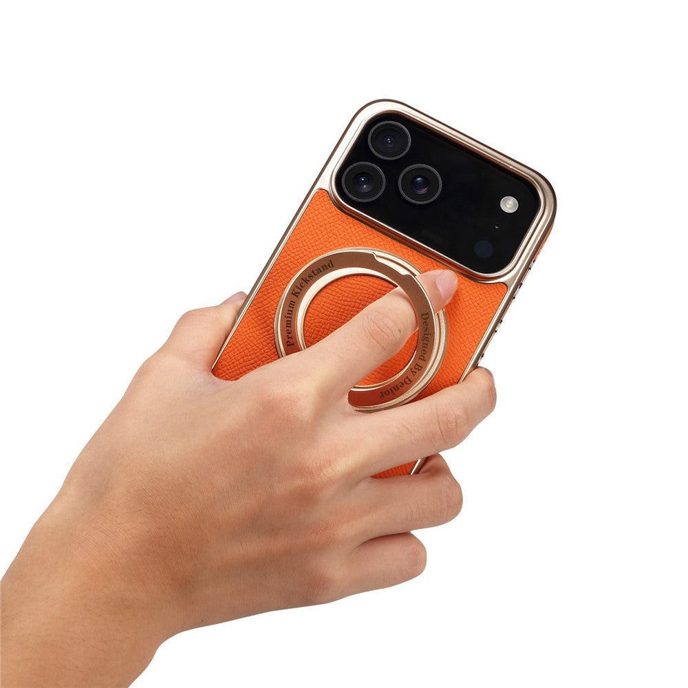 For iPhone 17 Pro Max Kickstand Case Genuine Cow Leather Back Cover Compatible with MagSafe - Orange