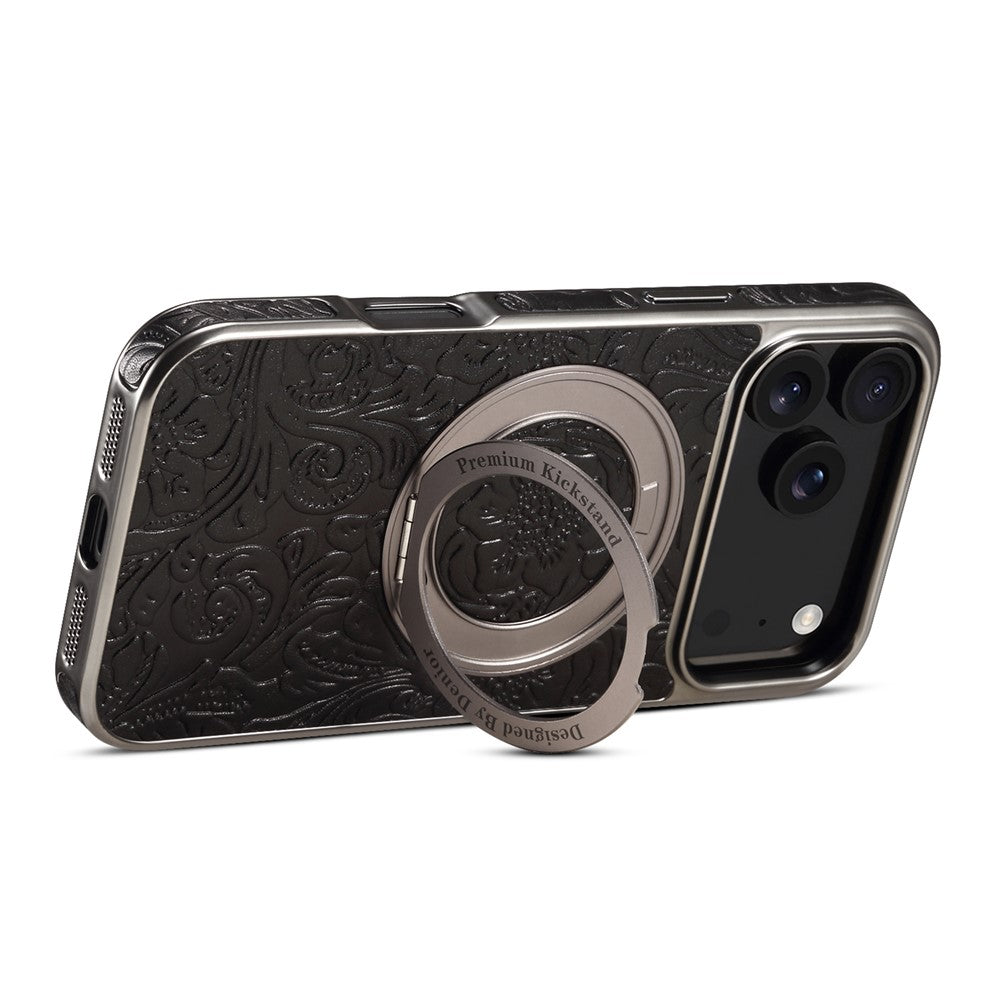 For iPhone 17 Pro Max Kickstand Phone Case Flower Imprint Genuine Cow Leather Back Cover Compatible with MagSafe - Black