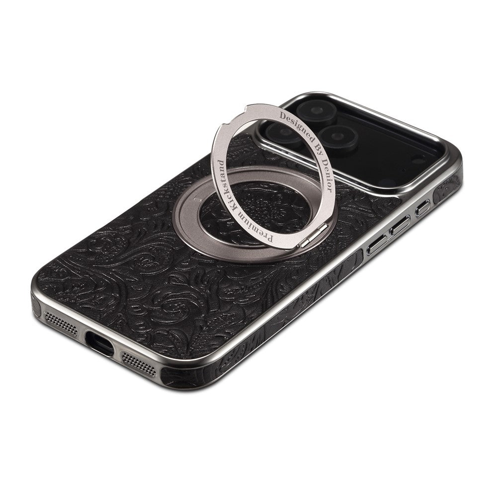 For iPhone 17 Pro Max Kickstand Phone Case Flower Imprint Genuine Cow Leather Back Cover Compatible with MagSafe - Black