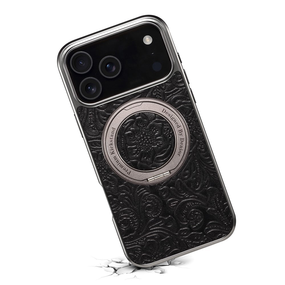 For iPhone 17 Pro Max Kickstand Phone Case Flower Imprint Genuine Cow Leather Back Cover Compatible with MagSafe - Black