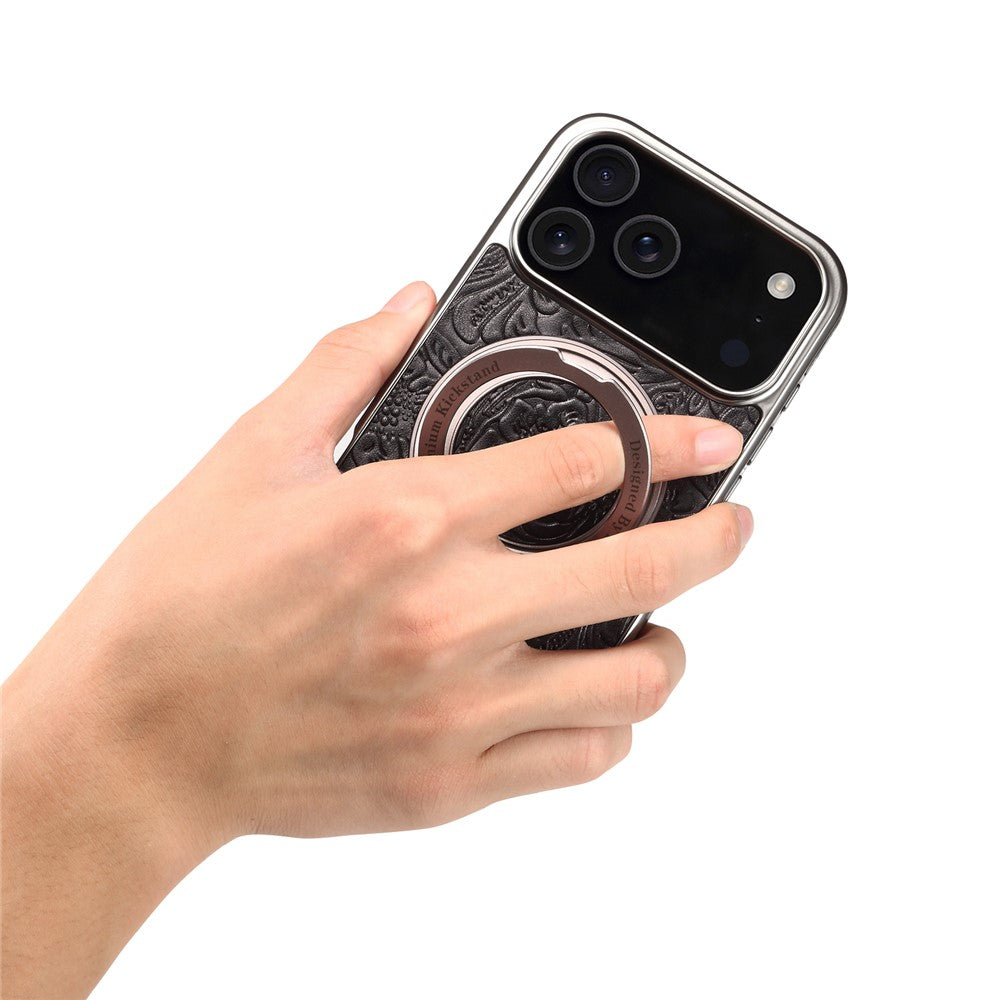 For iPhone 17 Pro Max Kickstand Phone Case Flower Imprint Genuine Cow Leather Back Cover Compatible with MagSafe - Black