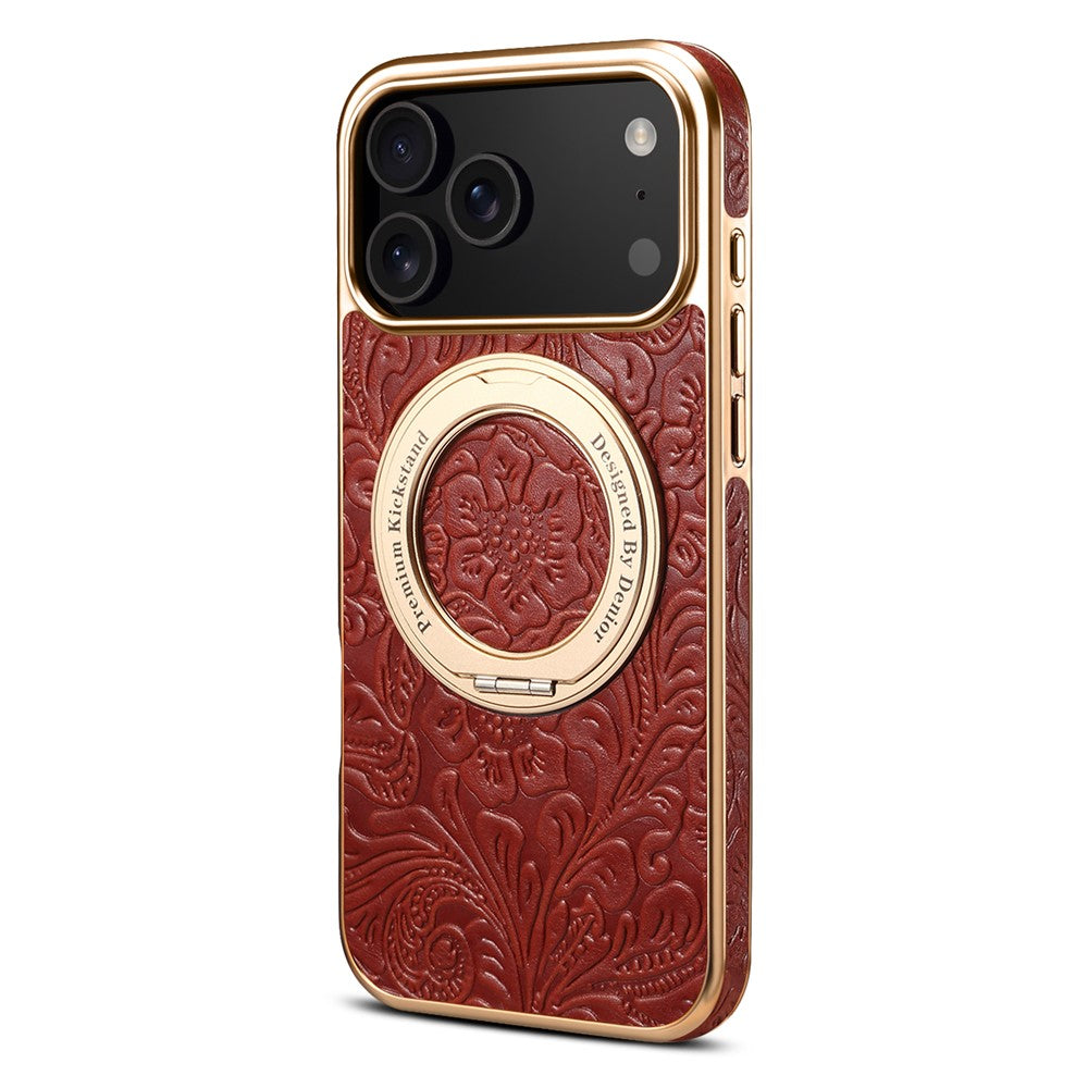 For iPhone 17 Pro Max Kickstand Phone Case Flower Imprint Genuine Cow Leather Back Cover Compatible with MagSafe - Red