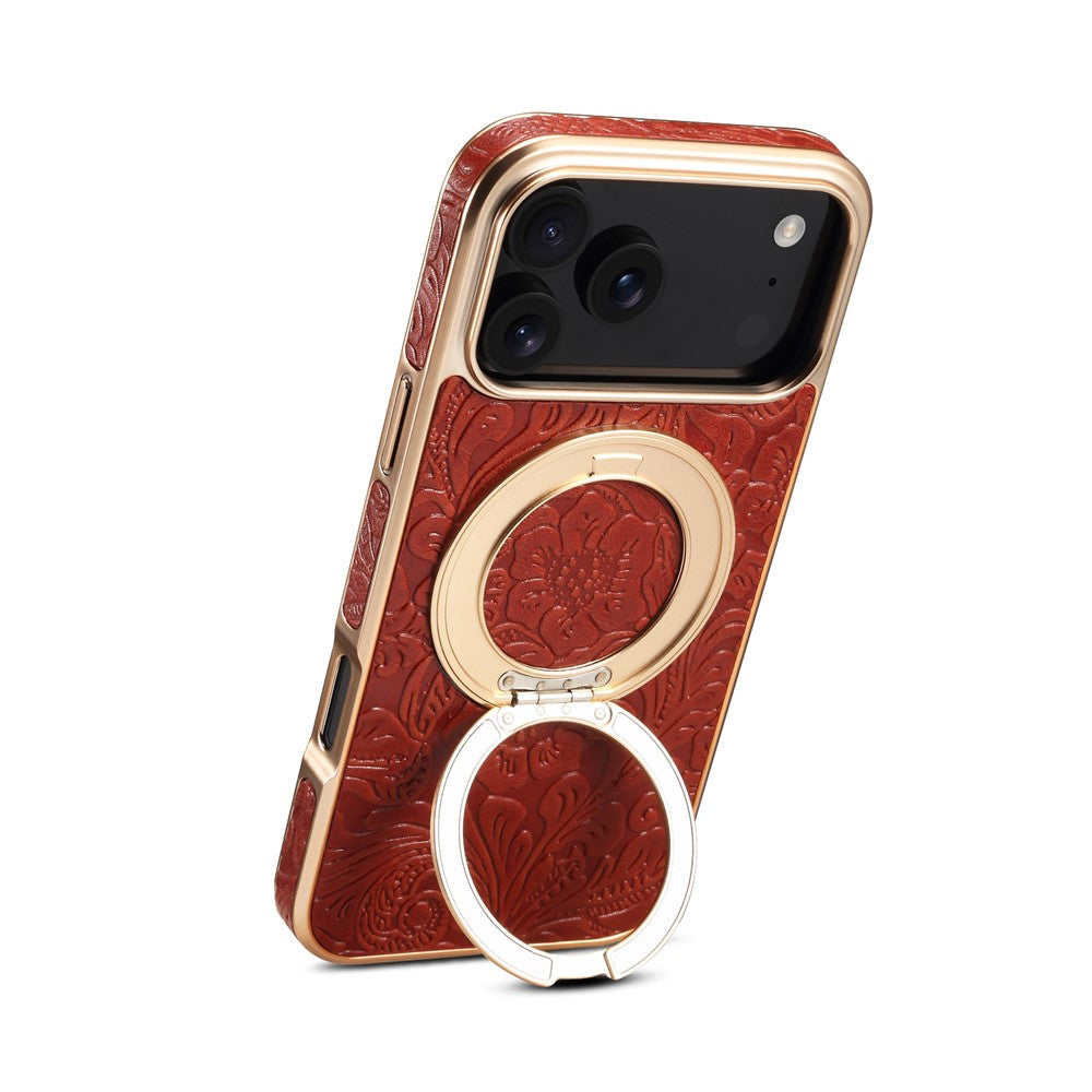 For iPhone 17 Pro Max Kickstand Phone Case Flower Imprint Genuine Cow Leather Back Cover Compatible with MagSafe - Red
