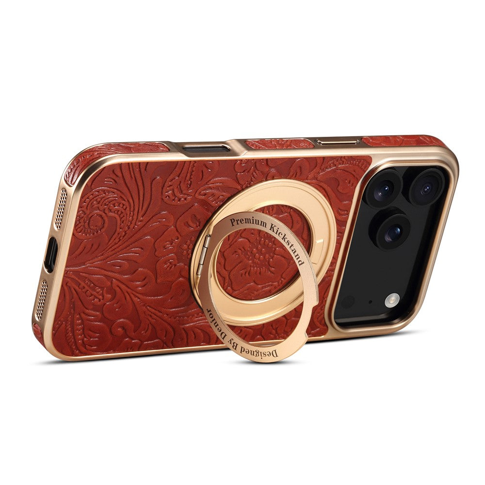 For iPhone 17 Pro Max Kickstand Phone Case Flower Imprint Genuine Cow Leather Back Cover Compatible with MagSafe - Red