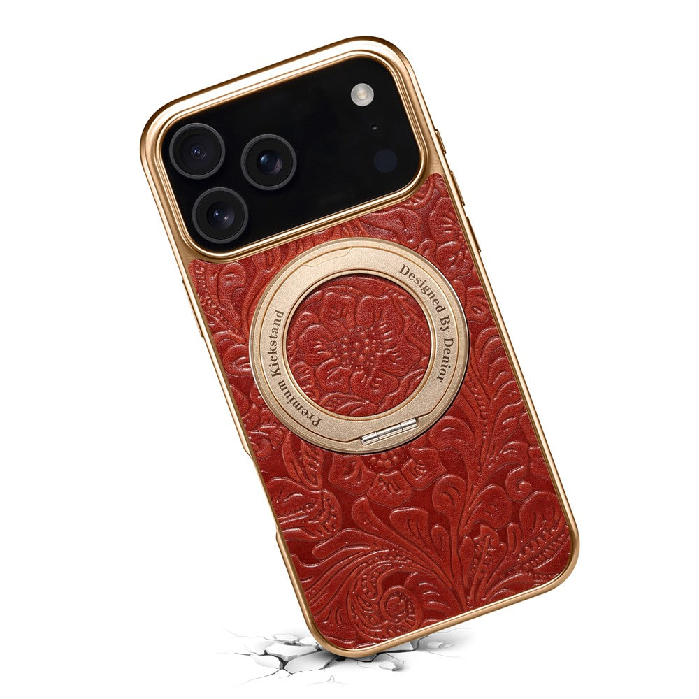 For iPhone 17 Pro Max Kickstand Phone Case Flower Imprint Genuine Cow Leather Back Cover Compatible with MagSafe - Red