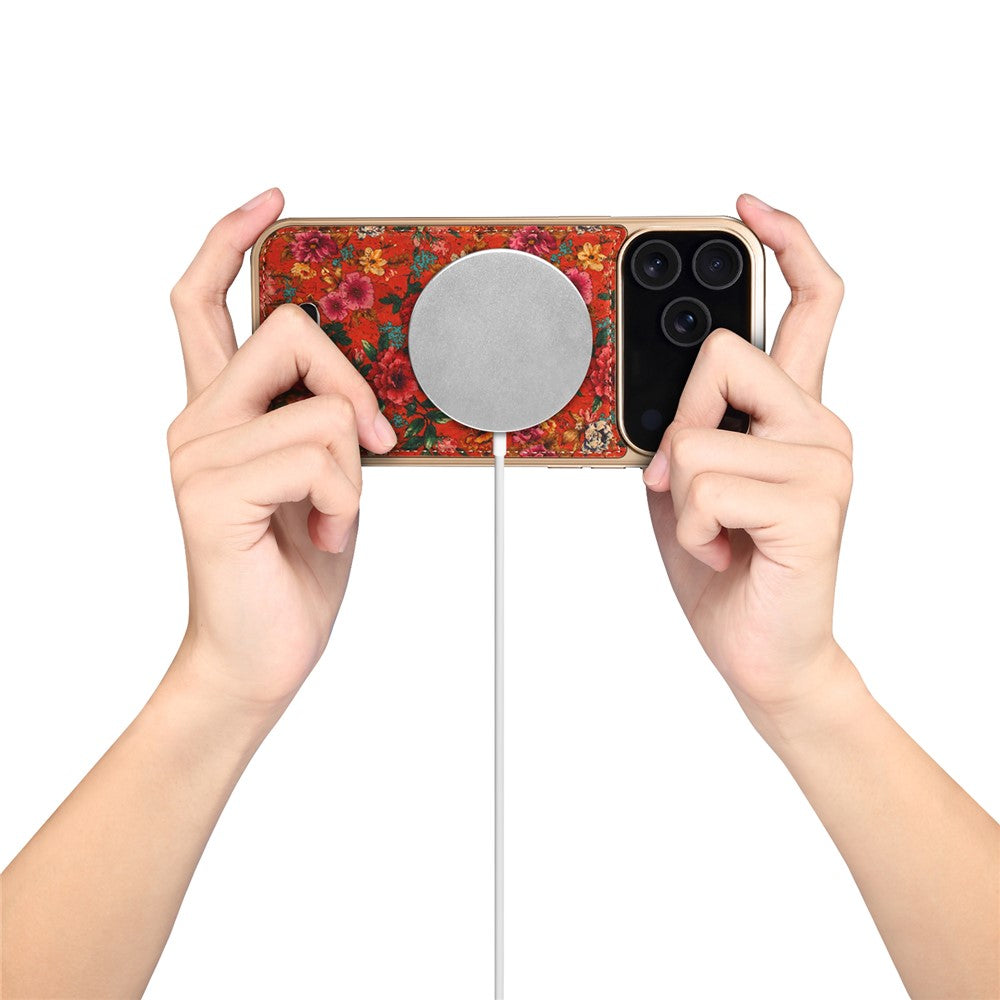 DENIOR A24 For iPhone 17 Pro Max Case Compatible with MagSafe Flower Leather PC TPU Phone Cover with Detachable Back Panel - Peony Red