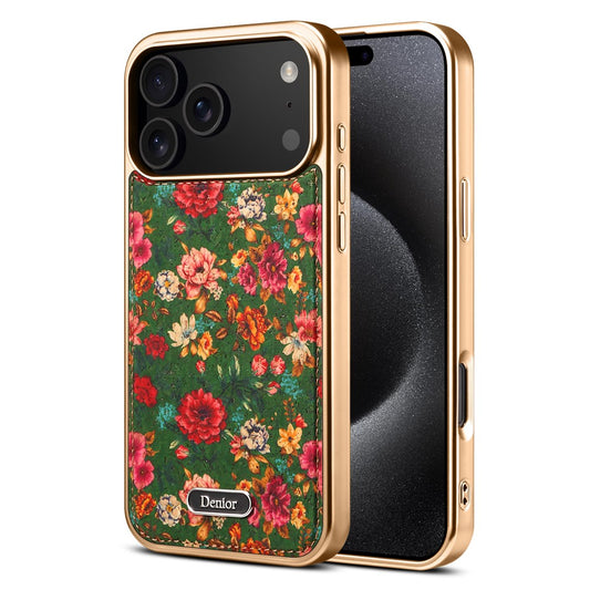 DENIOR A24 For iPhone 17 Pro Max Case Compatible with MagSafe Flower Leather PC TPU Phone Cover with Detachable Back Panel - Peony Green