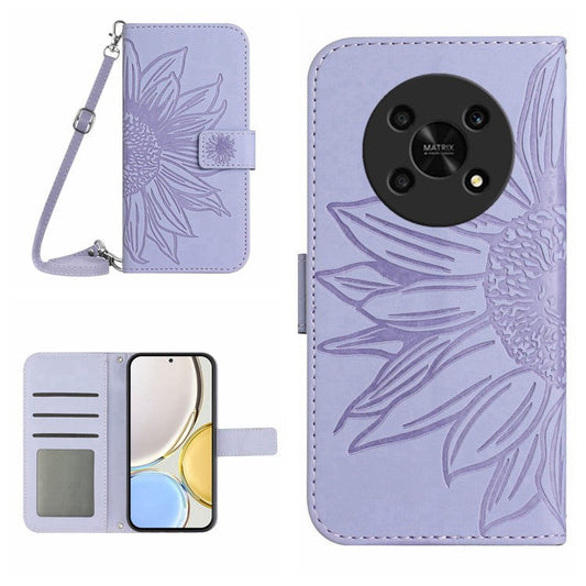 Cell Phone Case For Honor Magic4 Lite 5G, Skin-touch Imprinted Sunflower Phone Cover with Shoulder Strap PU Leather Wallet Stand - Light Purple