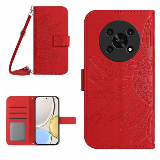 Cell Phone Case For Honor Magic4 Lite 5G, Skin-touch Imprinted Sunflower Phone Cover with Shoulder Strap PU Leather Wallet Stand - Red