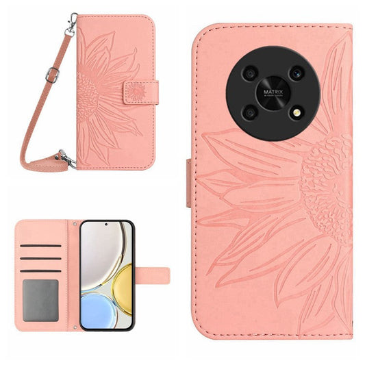 Cell Phone Case For Honor Magic4 Lite 5G, Skin-touch Imprinted Sunflower Phone Cover with Shoulder Strap PU Leather Wallet Stand - Light Pink