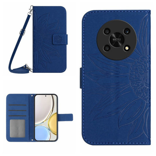 Cell Phone Case For Honor Magic4 Lite 5G, Skin-touch Imprinted Sunflower Phone Cover with Shoulder Strap PU Leather Wallet Stand - Sapphire