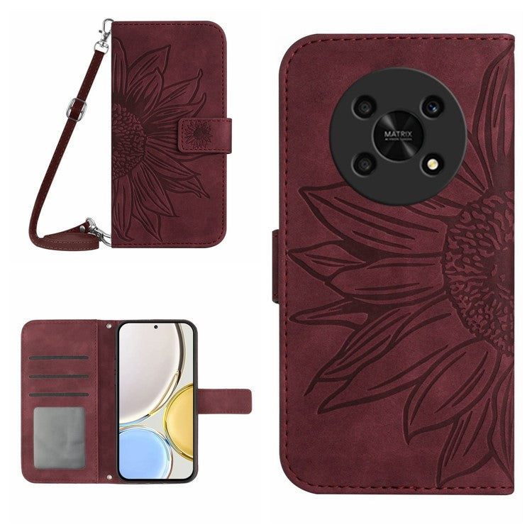 Cell Phone Case For Honor Magic4 Lite 5G, Skin-touch Imprinted Sunflower Phone Cover with Shoulder Strap PU Leather Wallet Stand - Wine Red