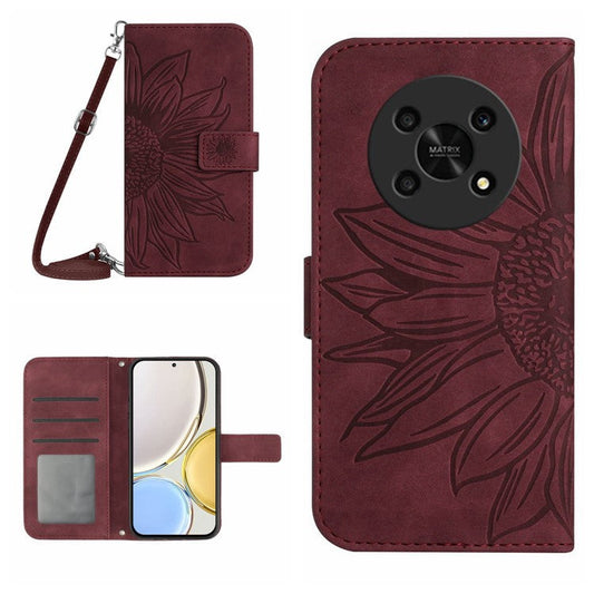 Cell Phone Case For Honor Magic4 Lite 5G, Skin-touch Imprinted Sunflower Phone Cover with Shoulder Strap PU Leather Wallet Stand - Wine Red