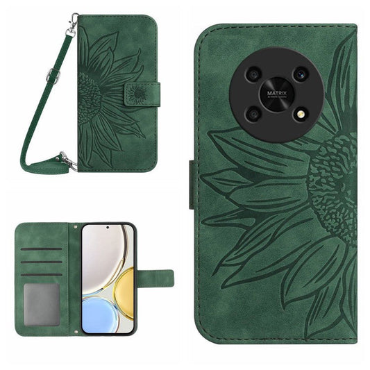 Cell Phone Case For Honor Magic4 Lite 5G, Skin-touch Imprinted Sunflower Phone Cover with Shoulder Strap PU Leather Wallet Stand - Dark Green