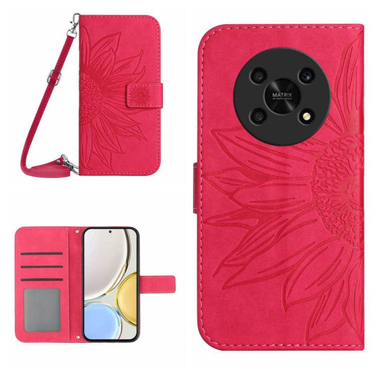 Cell Phone Case For Honor Magic4 Lite 5G, Skin-touch Imprinted Sunflower Phone Cover with Shoulder Strap PU Leather Wallet Stand - Rose