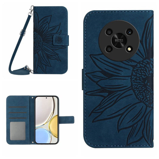 Cell Phone Case For Honor Magic4 Lite 5G, Skin-touch Imprinted Sunflower Phone Cover with Shoulder Strap PU Leather Wallet Stand - Dark Blue