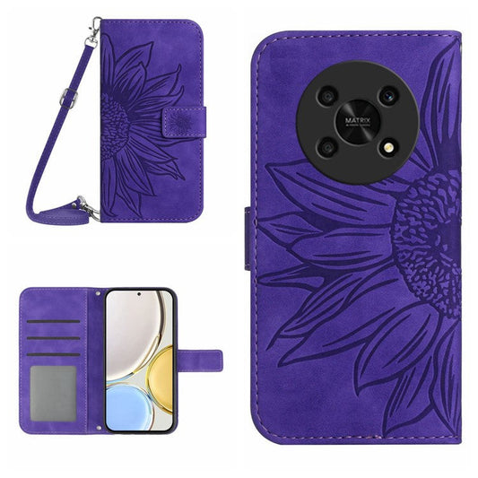 Cell Phone Case For Honor Magic4 Lite 5G, Skin-touch Imprinted Sunflower Phone Cover with Shoulder Strap PU Leather Wallet Stand - Dark Purple