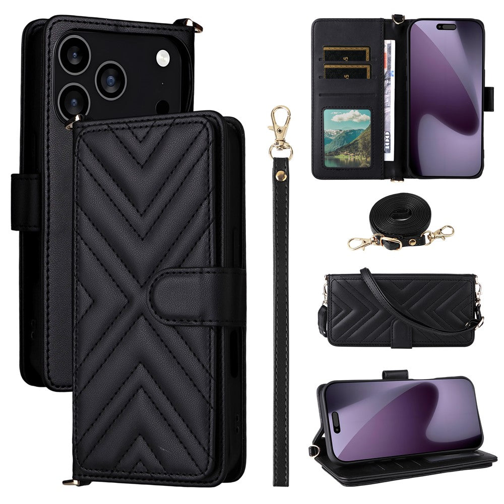 For iPhone 17 Pro Max Case with Shoulder  /  Wrist Strap Leather Phone Cover Stand Wallet - Black