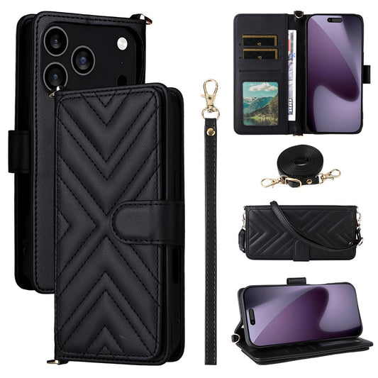 For iPhone 17 Pro Max Case with Shoulder  /  Wrist Strap Leather Phone Cover Stand Wallet - Black
