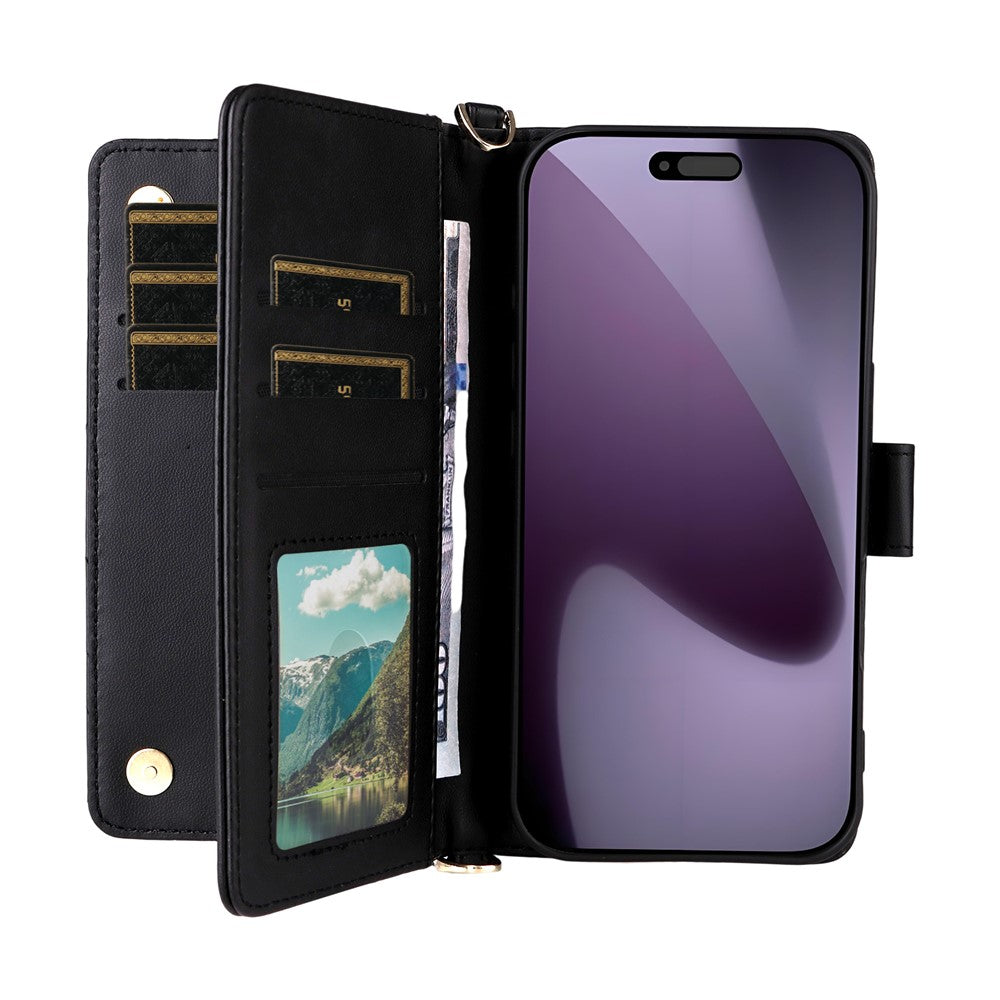 For iPhone 17 Pro Max Case with Shoulder  /  Wrist Strap Leather Phone Cover Stand Wallet - Black