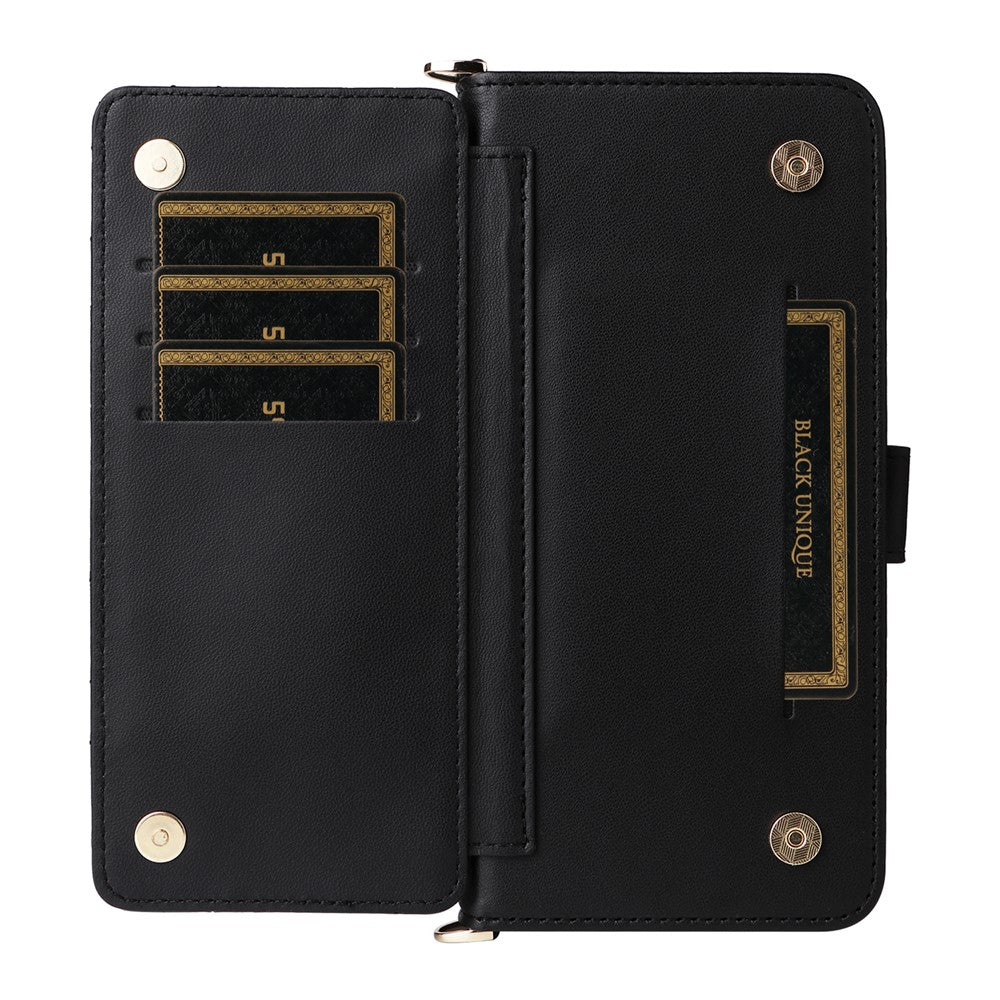 For iPhone 17 Pro Max Case with Shoulder  /  Wrist Strap Leather Phone Cover Stand Wallet - Black