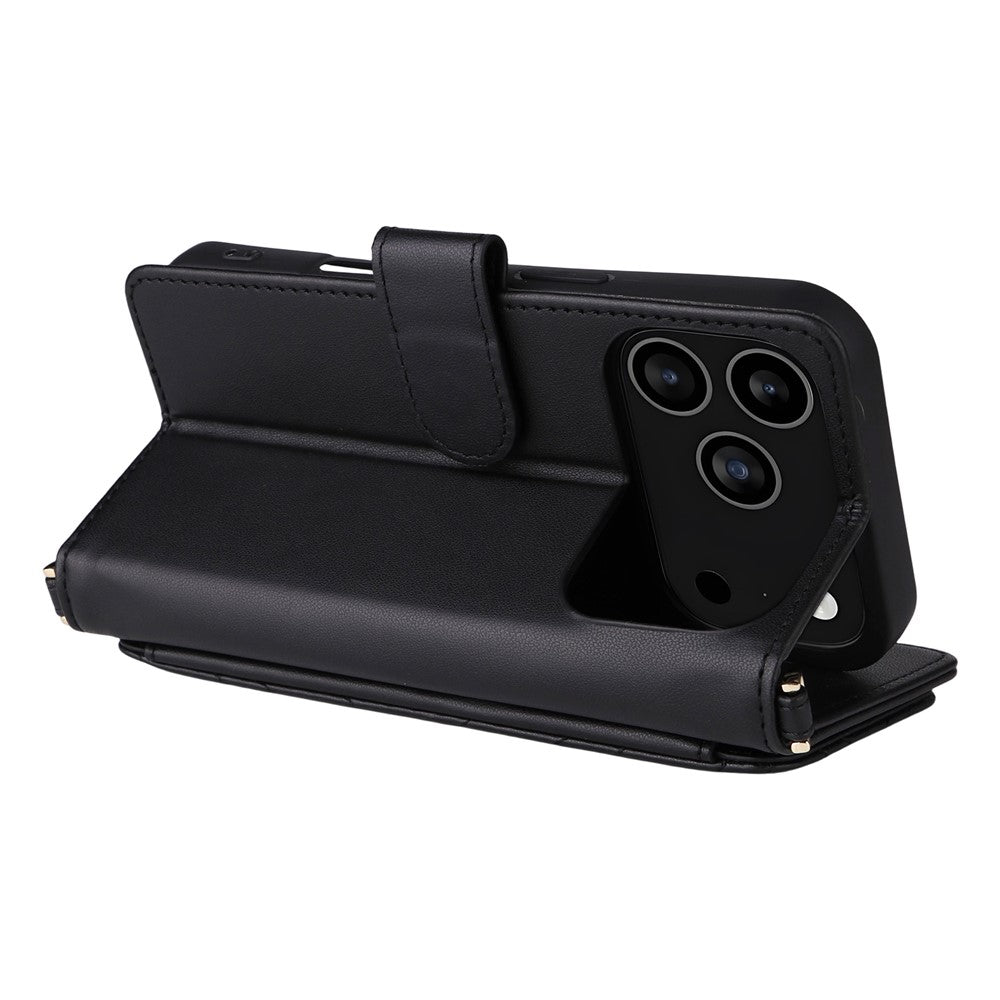 For iPhone 17 Pro Max Case with Shoulder  /  Wrist Strap Leather Phone Cover Stand Wallet - Black