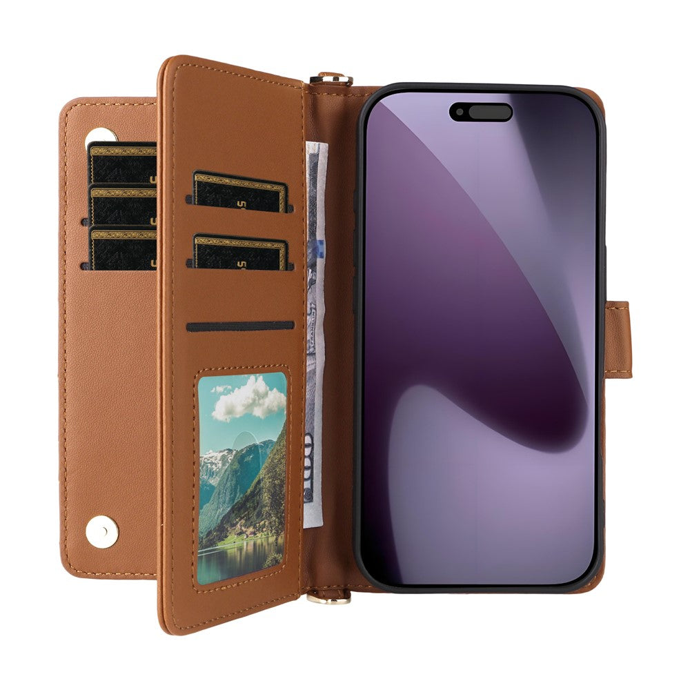 For iPhone 17 Pro Max Case with Shoulder  /  Wrist Strap Leather Phone Cover Stand Wallet - Brown