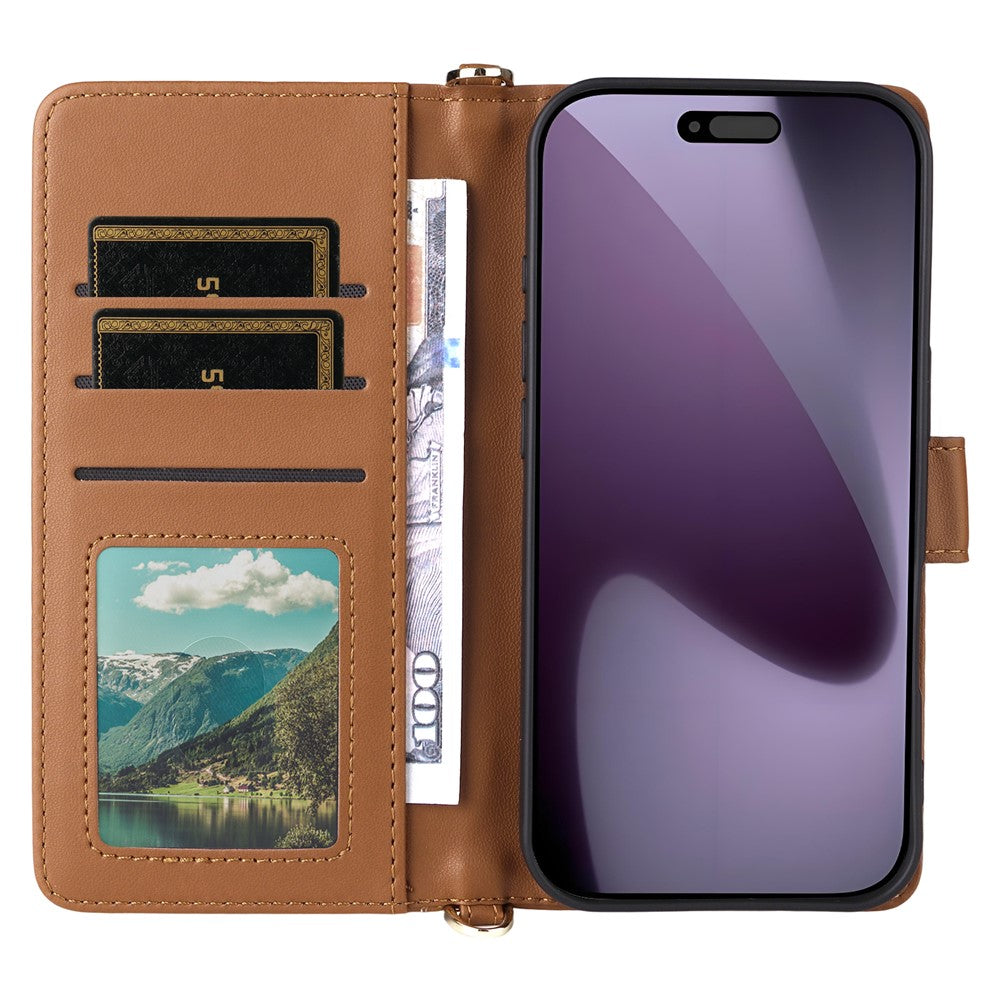 For iPhone 17 Pro Max Case with Shoulder  /  Wrist Strap Leather Phone Cover Stand Wallet - Brown