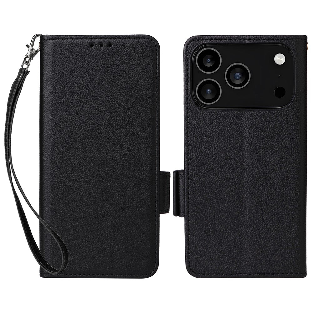 For iPhone 17 Pro Max Case with Wrist Strap Litchi Texture PU Leather Wallet Phone Cover - Black