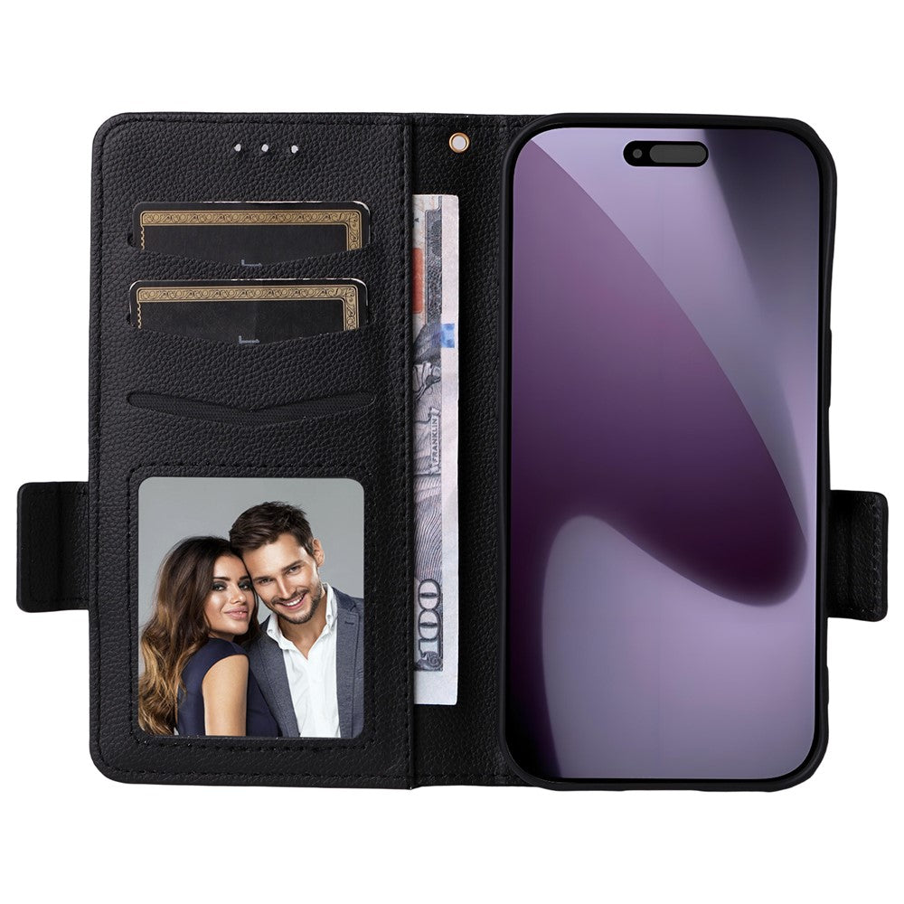 For iPhone 17 Pro Max Case with Wrist Strap Litchi Texture PU Leather Wallet Phone Cover - Black