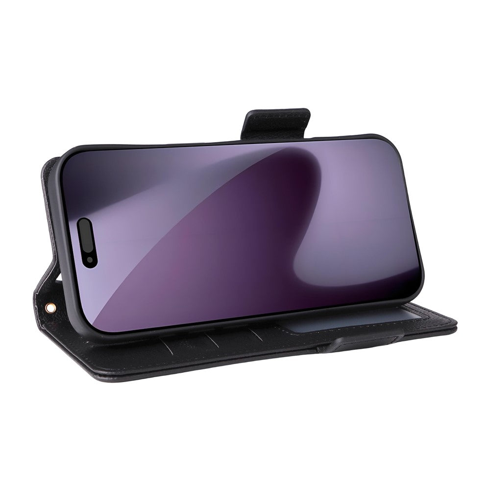 For iPhone 17 Pro Max Case with Wrist Strap Litchi Texture PU Leather Wallet Phone Cover - Black