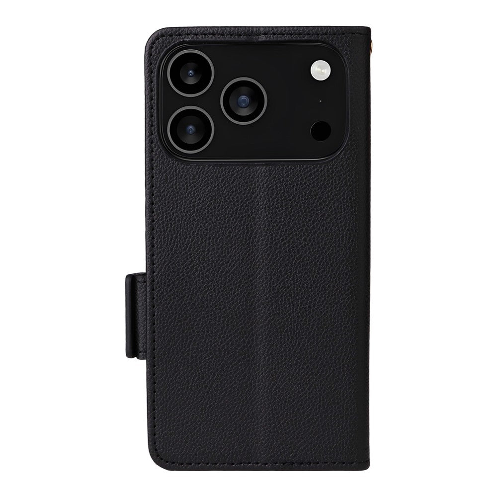 For iPhone 17 Pro Max Case with Wrist Strap Litchi Texture PU Leather Wallet Phone Cover - Black