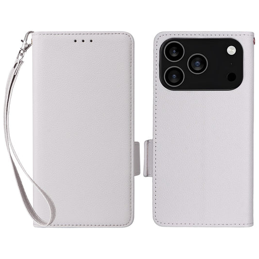 For iPhone 17 Pro Max Case with Wrist Strap Litchi Texture PU Leather Wallet Phone Cover - White