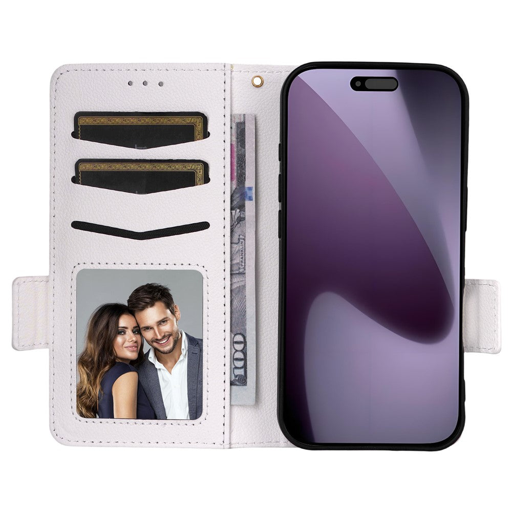 For iPhone 17 Pro Max Case with Wrist Strap Litchi Texture PU Leather Wallet Phone Cover - White