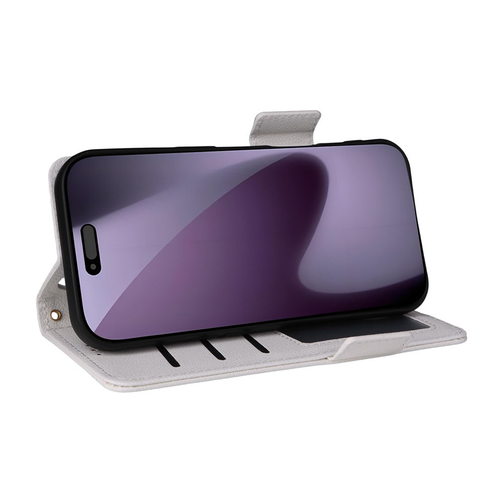 For iPhone 17 Pro Max Case with Wrist Strap Litchi Texture PU Leather Wallet Phone Cover - White